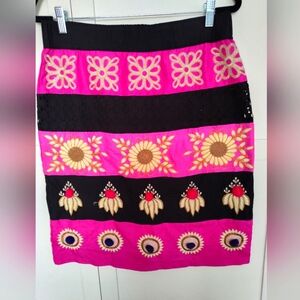 ANTHROPOLOGIE Leifsdottir Embroidered Catrina Pencil Skirt Blk Pink Sz 12 EUC